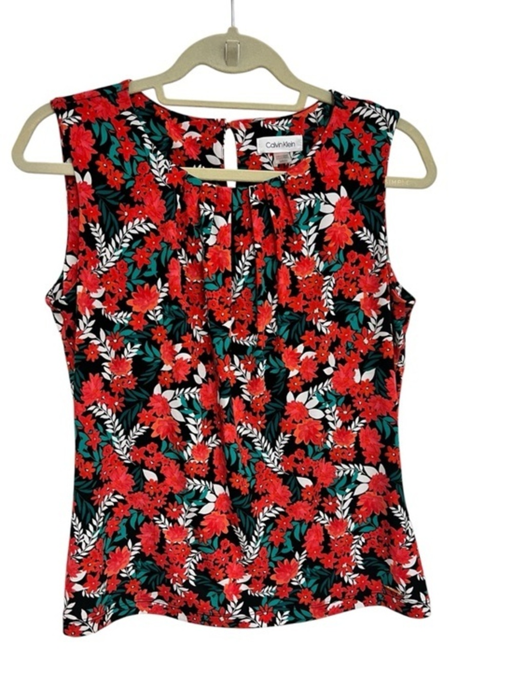 Calvin Klein Blouse Womens Size M Black Red Green Floral Sleeveless Top